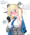  1girl 1other arm_up armpits black_gloves blonde_hair blue_eyes blue_neckwear braid breasts capelet character_name colorado_(kantai_collection) commentary_request crown_braid garrison_cap gloves hat headgear highres kantai_collection korean_commentary large_breasts necktie out_of_frame short_hair sideboob simple_background solo_focus steam upper_body white_background yanuk 