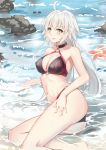  1girl absurdres ahoge bikini black_bikini blush breasts brown_eyes choker commentary_request fate/grand_order fate_(series) grey_hair highres jeanne_d&#039;arc_(alter_swimsuit_berserker) jeanne_d&#039;arc_(fate)_(all) large_breasts long_hair looking_at_viewer looking_to_the_side lying navel o-ring o-ring_bikini on_side smile solo swimsuit very_long_hair water xiao_bing_qiaokeli 