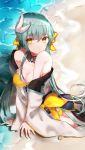  1girl absurdres bare_shoulders bikini blush bow breasts commentary_request detached_collar fate/grand_order fate_(series) green_hair hair_between_eyes hair_bow highres horns kiyohime_(fate/grand_order) kiyohime_(swimsuit_lancer)_(fate) large_breasts long_hair looking_at_viewer nagisha-doru obi off_shoulder sand sash solo swimsuit very_long_hair water wet yellow_bikini yellow_bow yellow_eyes 