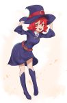  1girl absurdres boots cape hat highres knee_boots little_witch_academia long_hair looking_at_viewer misaka_03 open_mouth red_eyes redhead shiny_chariot simple_background skirt smile solo white_background witch witch_hat 