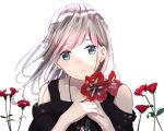  1girl bangs black_dress blue_eyes collarbone commentary dress eyebrows_visible_through_hair flower grey_hair light_particles long_hair looking_at_viewer original parted_lips portrait red_flower schreibe_shura simple_background solo white_background 