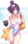  1girl 1other alternate_costume artist_name ass_visible_through_thighs bangs bare_shoulders blue_sky blush breasts casual_one-piece_swimsuit closed_mouth clouds collarbone commentary_request covered_navel cowboy_shot eyebrows_visible_through_hair fate/grand_order fate_(series) flower groin hair_between_eyes hair_bun hair_flower hair_ornament hairpin halterneck highleg highleg_swimsuit holding hong_(white_spider) katsushika_hokusai_(fate/grand_order) large_breasts looking_at_viewer octopus one-piece_swimsuit purple_hair see-through_silhouette short_hair skindentation sky standing swimsuit thighs tokitarou_(fate/grand_order) towel violet_eyes water_drop wave_print wet white_swimsuit 