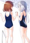  2girls ass blue_eyes blue_swimsuit brown_hair closed_eyes commentary_request dx_(dekusu) flat_ass from_behind hibiki_(kantai_collection) highres holding_hands ikazuchi_(kantai_collection) kantai_collection kneepits long_hair multiple_girls open_mouth pool_ladder profile school_swimsuit short_hair silver_hair standing swimsuit white_background 