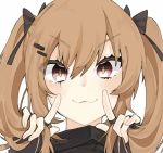  1girl :3 bangs black_gloves brown_hair closed_mouth commentary_request eyebrows_visible_through_hair face fingerless_gloves girls_frontline gloves hair_between_eyes hair_ribbon holding holding_hair long_hair looking_at_viewer ribbon scar scar_across_eye solo taketorino-1024 twintails ump9_(girls_frontline) white_background 