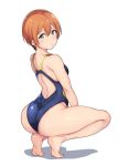 1girl alp ass blush breasts competition_swimsuit hair_between_eyes highres hoshizora_rin looking_at_viewer love_live! one-piece_swimsuit orange_hair short_hair shoulder_blades shoulders small_breasts solo squatting swimsuit white_background yellow_eyes