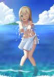  1girl ;d beach bikini blonde_hair blue_sky blush clouds collarbone creatures_(company) cute esu_sss full_body game_freak green_eyes highres lillie_(pokemon) long_hair looking_at_viewer nintendo ocean olm_digital one_eye_closed open_mouth outstretched_arms partially_submerged pokemon pokemon_(anime) pokemon_(game) pokemon_sm pokemon_usum sarong sky smile soaking_feet solo standing swimsuit tv_tokyo white_bikini 
