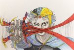  1boy bandana cape commentary final_fantasy final_fantasy_ii frioniel grey_background grey_hair highres holding holding_sword holding_weapon jewelry male_focus motion_lines optical_illusion parody ring seehund_d sword traditional_media upper_body weapon yellow_eyes 