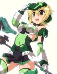  1girl akatsuki_kirika armor bare_shoulders blonde_hair blush breasts cosplay covered_navel elbow_gloves frame_arms_girl gloves gourai gourai_(cosplay) green_eyes hair_ornament headgear highres looking_at_viewer mecha_musume medium_breasts open_mouth panties scythe senki_zesshou_symphogear shiny shiny_clothes shiny_hair shiny_skin short_hair simple_background skirt solo standing striped striped_legwear striped_panties teeth thigh-highs underwear white_background yoshi_tama 