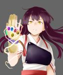  1girl aircraft airplane akagi_(kantai_collection) angry armor avengers avengers:_endgame avengers:_infinity_war brown_hair commentary crossover gloves glowing glowing_eyes hakama_skirt infinity_gauntlet kantai_collection lightning_bolt marvel purple_hair ribbon-trimmed_sleeves ribbon_trim skirt thanos watanore weapon yellow_eyes 