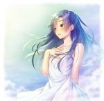 1girl aqua_hair bare_arms bare_shoulders blue_hair blush breasts brown_eyes clouds collarbone commentary_request day dress idolmaster idolmaster_(classic) idolmaster_million_live! kisaragi_chihaya long_hair nanaran outdoors small_breasts solo standing upper_body white_dress 