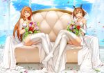  2girls absurdres armlet bangs blush bouquet breasts bridal_veil brown_hair commentary_request crossed_legs crossover dress eyebrows_visible_through_hair feet flower full_body girls_frontline green_eyes hair_between_eyes hair_ribbon hair_rings headgear heart heart_necklace highres holding holding_bouquet huge_filesize jai_(whany1998) kantai_collection large_breasts legs_together light_particles long_hair looking_at_viewer m1903_springfield_(girls_frontline) multiple_girls mutsu_(kantai_collection) no_shoes off-shoulder_dress off_shoulder open_mouth petals pink_flower pink_rose red_flower red_rose ribbon rose short_hair sidelocks sitting smile veil wedding_dress white_legwear yellow_flower yellow_rose 