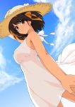  1girl absurdres arm_up bare_arms bare_shoulders blue_sky breasts brown_eyes brown_hair clouds cloudy_sky covered_nipples cowboy_shot day dress hair_ribbon hairband hand_on_own_head haruhisky hat highres looking_at_viewer medium_breasts outdoors paid_reward patreon_reward ribbon simple_background sky sleeveless sleeveless_dress smile solo straw_hat sun_hat sundress suzumiya_haruhi suzumiya_haruhi_no_yuuutsu white_dress 