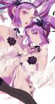  2girls babydoll bangs bare_shoulders black_nails blush breasts bridal_gauntlets choker collarbone commentary euryale eyebrows_visible_through_hair fate/grand_order fate/hollow_ataraxia fate_(series) floating_hair groin hair_between_eyes hairband lingerie lolita_hairband long_hair looking_at_viewer multiple_girls nail_polish navel open_mouth purple_hair salmon88 siblings sidelocks simple_background sisters small_breasts smile stheno stomach twintails underwear very_long_hair violet_eyes white_babydoll white_background 