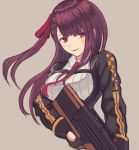  1girl bangs black_gloves breasts bullpup eyebrows_visible_through_hair framed_breasts girls_frontline gloves gun hair_ribbon holding holding_gun holding_weapon long_hair long_sleeves medium_breasts moppo necktie one_side_up open_mouth pink_eyes pink_neckwear purple_hair red_ribbon ribbon rifle smile sniper_rifle solo straight_hair wa2000_(girls_frontline) walther walther_wa_2000 weapon 