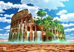  arch architecture bird blue_sky circle_name clouds colosseum column dry_earth greco-roman_architecture highres ivy mountainous_horizon no_humans original overgrown palm_tree pillar post-apocalypse rainbow ruins scenery sky tokyogenso tree water waterfall 