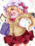  1girl ;d alternate_costume arm_up bag blonde_hair blush bow bowtie breasts brown_cardigan cardigan cellphone contrapposto cowboy_shot eyebrows_visible_through_hair fang flandre_scarlet hair_between_eyes hat hat_ribbon head_tilt holding holding_phone looking_at_viewer mob_cap one_eye_closed open_mouth outstretched_arm phone plaid plaid_skirt red_eyes red_neckwear ribbon sailor_collar school_bag school_uniform short_hair side_ponytail skirt sleeves_past_wrists small_breasts smartphone smile solo star starry_background touhou unmoving_pattern unory white_background white_headwear white_sailor_collar wings 