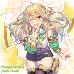  1girl ahoge bare_shoulders black_legwear black_shorts blonde_hair breasts character_name commentary_request green_eyes happy_birthday hoshii_miki idolmaster idolmaster_(classic) idolmaster_million_live! large_breasts long_hair looking_at_viewer nanaran one_eye_closed open_mouth purple_legwear shirt short_shorts shorts smile solo thigh-highs upper_teeth white_shirt 