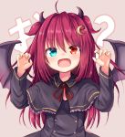  1girl :d ahoge background_text bangs baram black_capelet black_dress blue_eyes blush brown_background capelet claw_pose commentary_request crescent crescent_hair_ornament demon_girl demon_horns demon_wings dress eyebrows_visible_through_hair fang frilled_capelet frills hair_between_eyes hair_ornament hands_up heterochromia horns long_hair neck_ribbon nijisanji open_mouth red_eyes red_ribbon redhead ribbon smile solo two_side_up upper_body very_long_hair virtual_youtuber wings yuzuki_roa 
