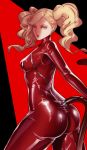  1girl ass bangs black_background blonde_hair blue_eyes bodysuit breasts contrapposto covered_nipples fake_tail gimp_suit highres latex_bodysuit lipstick looking_at_viewer looking_back makeup medium_breasts multicolored multicolored_background parted_lips persona persona_5 red_background red_bodysuit solo standing swept_bangs tail takamaki_anne thick_thighs thighs twintails 