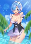  1girl ;d arm_at_side bangs bare_shoulders black_bow black_ribbon blue_eyes blue_hair blue_sky blush bow breasts collarbone commentary_request day eyebrows_visible_through_hair eyes_visible_through_hair frilled_sleeves frills garter_straps hair_ornament hair_over_one_eye hand_up highres izumo_neru leaf looking_at_viewer maid maid_headdress ocean one_eye_closed open_mouth outdoors palm_tree pink_ribbon plant purple_ribbon re:zero_kara_hajimeru_isekai_seikatsu rem_(re:zero) ribbon ribbon-trimmed_clothes ribbon_trim shiny shiny_skin sky smile standing tree underbust wading water water_drop x_hair_ornament 
