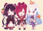  3girls ange_katrina animal_ears armband bangs bird black_coat black_hair blue_hair blunt_bangs blush boots brown_footwear chibi closed_eyes closed_mouth commentary cross-laced_footwear crown cup dog_ears dog_girl dog_hair_ornament drinking_glass fangs frilled_sleeves frills hair_intakes highres inui_toko jacket japanese_clothes kimono lace-up_boots lize_helesta long_hair long_sleeves monocle multiple_girls nijisanji on_head red_jacket redhead round_teeth safety_pin shirt short_hair sidelocks simple_background smile teeth thighs very_long_hair violet_eyes virtual_youtuber wa_maid white_footwear white_hair white_shirt wide_sleeves y_o_u_k_a yellow_background 