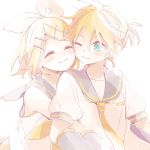  1boy 1girl :3 ^_^ arms_at_sides black_sailor_collar blonde_hair blue_eyes blush cheek-to-cheek closed_eyes detached_sleeves hair_ornament hair_ribbon hairclip happy hug hug_from_behind kagamine_len kagamine_rin looking_at_another looking_back necktie one_eye_closed puffy_short_sleeves puffy_sleeves ribbon ryou_(fallxalice) sailor_collar shirt short_hair short_sleeves simple_background smile upper_body vocaloid wavy_mouth white_background white_ribbon white_shirt yellow_neckwear 