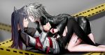 2girls absurdres animal_ears arknights bent_over black_hair black_jacket black_legwear capelet cat_ears closed_eyes commentary_request facial_scar grey_background grey_hair highres huocheng jacket lappland_(arknights) long_hair lying multiple_girls on_back pantyhose red_ribbon restrained ribbon scar texas_(arknights) torn_clothes white_jacket yuri