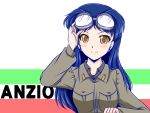  1girl anzio_military_uniform blue_hair blush brown_eyes character_request commentary_request girls_und_panzer goggles goggles_on_head italian_flag long_hair removing_goggles rusher smile solo white_background 