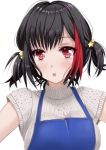  1girl :o alternate_hairstyle apron bang_dream! bangs black_hair blue_apron breasts commentary eyebrows_visible_through_hair grey_sweater hair_ornament lily_(yuuri1011) looking_at_viewer mitake_ran multicolored_hair open_mouth red_eyes redhead ribbed_sweater short_hair short_sleeves simple_background solo star star_hair_ornament streaked_hair sweater turtleneck turtleneck_sweater twintails upper_body white_background white_sweater 