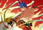  attack blue_eyes blue_hair boxing_gloves chinese_commentary commentary_request galo_thymos male_focus mosi_l pants promare red_background red_pants simple_background solo spiky_hair swinging topless_male 