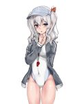  1girl bangs blue_eyes blush competition_swimsuit covered_navel cowboy_shot jacket kantai_collection kashima_(kantai_collection) long_hair long_sleeves looking_at_viewer nn_tasu one-piece_swimsuit parted_lips silver_hair simple_background solo swimsuit twintails visor_cap wavy_hair whistle whistle_around_neck white_background 