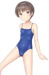  1girl ass_visible_through_thighs black_hair blue_swimsuit collarbone competition_school_swimsuit cowboy_shot flat_chest hairband highres invisible_chair looking_at_viewer nyarukac original red_eyes school_swimsuit short_hair simple_background sitting solo swimsuit white_background 