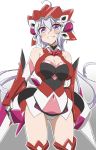  1girl ahoge armor blush breasts covered_navel elbow_gloves gloves hair_ornament headgear highres large_breasts lavender_hair leotard long_hair looking_at_viewer parted_lips scrunchie senki_zesshou_symphogear shiny shiny_hair shiny_skin simple_background smile solo standing teeth thigh-highs twintails very_long_hair violet_eyes white_background yoshi_tama yukine_chris 