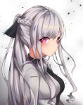 1girl ak-12_(girls_frontline) bangs black_ribbon black_shirt blush braid breasts closed_mouth collared_shirt commentary eyebrows_visible_through_hair girls_frontline gradient gradient_background grey_background grey_jacket hair_between_eyes hair_ribbon highres jacket long_hair medium_breasts meow_nyang open_clothes open_jacket ponytail ribbed_shirt ribbon shirt silver_hair solo upper_body very_long_hair violet_eyes white_background 