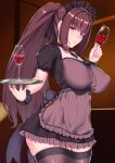  1girl alcohol alternate_costume apron aster_crowley bangs black_dress black_legwear blush breasts cup dress drinking_glass enmaided fate/grand_order fate_(series) frills hair_between_eyes highres large_breasts long_hair looking_at_viewer maid maid_headdress ponytail puffy_short_sleeves puffy_sleeves purple_hair red_eyes sash scathach_(fate)_(all) scathach_(fate/grand_order) short_sleeves solo thigh-highs thighs tray wine wine_glass wrist_cuffs 