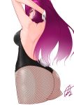  1girl ass back bangs bare_shoulders black_leotard breasts bunny_tail commentary_request detached_collar fate/grand_order fate_(series) fishnet_pantyhose fishnets highres large_breasts leotard long_hair looking_at_viewer looking_back pantyhose purple_hair red_eyes saco_(cgmore) scathach_(fate)_(all) scathach_(fate/grand_order) simple_background solo tail white_background wrist_cuffs 