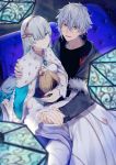  1boy 1girl absurdres anastasia_(fate/grand_order) bangs black_shirt blue_cloak blurry blurry_foreground brown_eyes brown_hairband cloak closed_mouth commentary_request couch crown depth_of_field dress ear_piercing earrings eyebrows_behind_hair fate/grand_order fate_(series) grey_hair grey_jacket hair_between_eyes hair_ornament hair_over_one_eye hairband highres holding_hands jacket jewelry kadoc_zemlupus kurogiri leaf_hair_ornament light_brown_hair long_hair looking_at_viewer mini_crown on_couch open_clothes open_jacket parted_lips piercing royal_robe shirt sitting smile v-shaped_eyebrows very_long_hair white_dress 