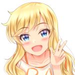  1girl :d bangs blonde_hair blue_eyes blush collarbone commentary_request eyebrows_visible_through_hair face idolmaster idolmaster_cinderella_girls long_hair looking_at_viewer marine09 ootsuki_yui open_mouth shirt simple_background smile solo w wavy_hair white_background white_shirt 
