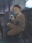  1girl alcohol bangs barefoot can commentary_request counter full_body hair_ornament hairclip highres holding holding_can indoors kitchen oishii_ishiwata on_floor original panties parted_bangs shirt short_hair sleeveless solo squatting strong_zero underwear white_shirt window 