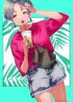  1girl :o aqua_background bag black_nails brown_eyes commentary cup denim denim_shorts drinking_straw earrings grey_hair half-closed_eyes hand_in_hair highres holding holding_cup jewelry kate_iwana leaf leaf_background lipstick makeup nail_polish open_mouth original outline red_shirt shirt short_hair short_shorts shorts shoulder_bag solo 