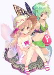  2girls :d alternate_eye_color alternate_headwear antennae ass ball bangs bare_legs beachball bikini black_bikini blonde_hair breasts brown_eyes butterfly_wings collarbone commentary_request eternity_larva eyebrows_visible_through_hair fairy_wings full_body green_hair hair_between_eyes hair_ribbon hat kneeling knees_up leaf lily_white long_hair looking_at_viewer multiple_girls navel open_mouth pink_footwear pink_ribbon power-up puuakachan revision ribbon sandals sarong short_hair simple_background sitting small_breasts smile stomach sun_hat swimsuit thighs touhou violet_eyes white_background white_bikini wings 