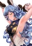  1girl absurdres animal_ears armpits arms_up bangs bare_shoulders belt black_gloves blue_hair blue_skirt blush breasts brown_eyes cape commentary_request embarrassed erune ferry_(granblue_fantasy) gloves granblue_fantasy half-closed_eyes highres long_hair looking_at_viewer loose_belt medium_breasts sideboob sidelocks simple_background skirt solo tsurime ulrich_(tagaragakuin) v-shaped_eyebrows wavy_hair white_background 