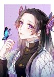  1girl absurdres black_hair black_jacket butterfly_hair_ornament butterfly_on_hand closed_mouth hair_intakes hair_ornament highres jacket kimetsu_no_yaiba kochou_shinobu leisure-sora long_hair long_sleeves looking_at_viewer smile solo upper_body violet_eyes 