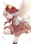  &gt;_&lt; 1girl bird blonde_hair boots chick commentary dress eyebrows_visible_through_hair feathers highres multicolored_hair niwatari_kutaka open_mouth puffy_short_sleeves puffy_sleeves red_eyes redhead shirt short_hair short_sleeves solo touhou two-tone_hair usotsuki_penta wings 