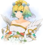  1girl ataka_takeru bare_shoulders blonde_hair blue_eyes blue_hair blush bride crown dress earrings fire_emblem fire_emblem_heroes fjorm_(fire_emblem_heroes) gradient_hair hair_ornament jewelry looking_at_viewer multicolored_hair short_hair simple_background smile solo wedding_dress 