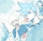  2boys areno blue_theme bob_cut casual copyright_name dutch_angle eating food galo_thymos lio_fotia looking_back male_focus monochrome multiple_boys pizza promare sketch spiky_hair 