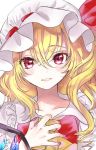  1girl ascot bangs blonde_hair blush collarbone commentary_request eyebrows_visible_through_hair flandre_scarlet frilled_shirt_collar frills hair_between_eyes hand_on_own_chest hat hat_ribbon highres long_hair looking_at_viewer nail_polish one_side_up parted_lips puffy_short_sleeves puffy_sleeves purple_nails red_eyes red_ribbon ribbon rosette_(roze-ko) shirt short_sleeves simple_background smile solo sparkle touhou upper_body white_background white_headwear white_shirt yellow_neckwear 