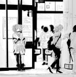  asymmetrical_legwear bangs boots cellphone choker diagonal_bangs earphones goshiki_suzu highres idolmaster idolmaster_shiny_colors jacket miniskirt monochrome off_shoulder phone short_twintails sketch skirt smartphone standing storefront tanaka_mamimi thigh-highs twintails 