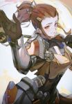  1girl arm_up armor blush brigitte_(overwatch) brown_eyes brown_hair commentary freckles gloves hair_ornament hairclip holding holding_weapon hong long_hair looking_at_viewer mace open_mouth over_shoulder overwatch ponytail sidelocks simple_background smile standing weapon weapon_over_shoulder 