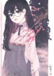 1girl absurdres bow bowtie branch buttons cherry_blossoms commentary_request eyewear_strap glasses hakama highres japanese_clothes kimono lips long_hair long_sleeves looking_at_viewer moon night original pink_kimono purple_bow purple_hair reiwa reiwa_colors round_eyewear signature solo stamp standing ushiyama_ame violet_eyes wide_sleeves 